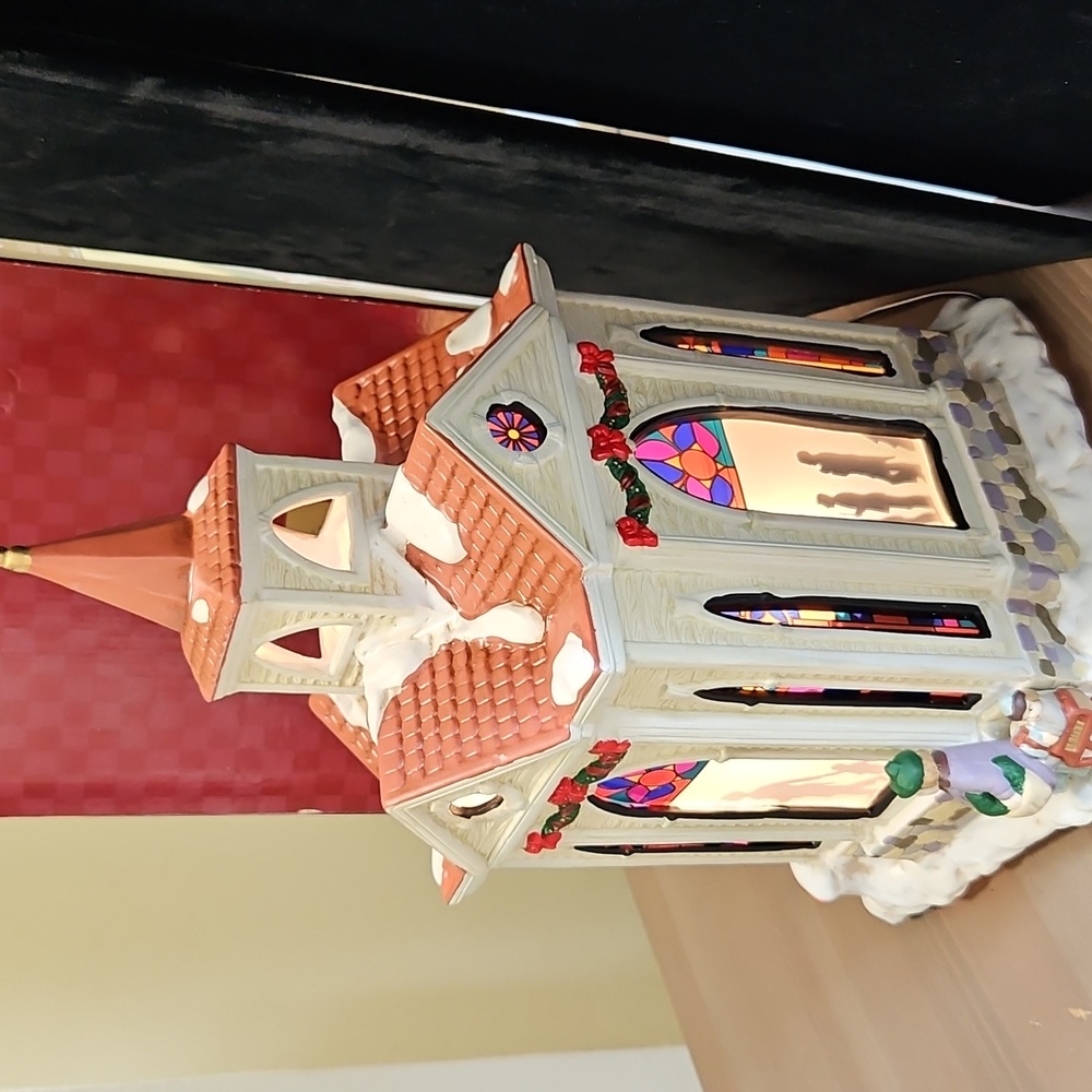 Vintage Village Square Lighted Silhouette Church Ceramic Hand Painted 16"×8" - Picture 8 of 9
